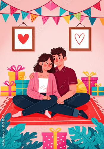 The couple is sitting together on the ground, holding hands, with a warm and happy expression for  Valentine's day greetings card, banner and posters 