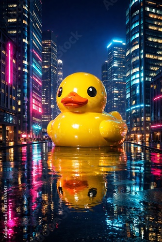 Giant yellow rubber duck in a neon-lit city street at night, reflected in the wet pavement.