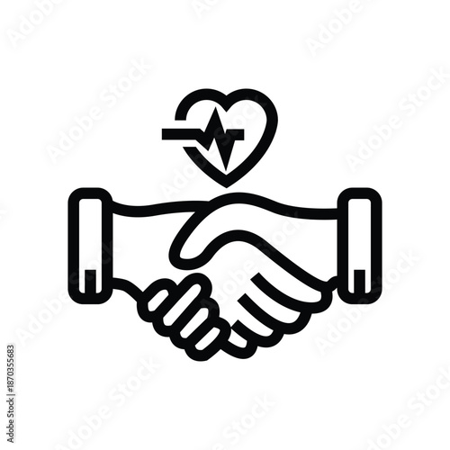 Outline icon of a handshake with a heart and heartbeat line, symbolizing health partnership and medical collaboration.