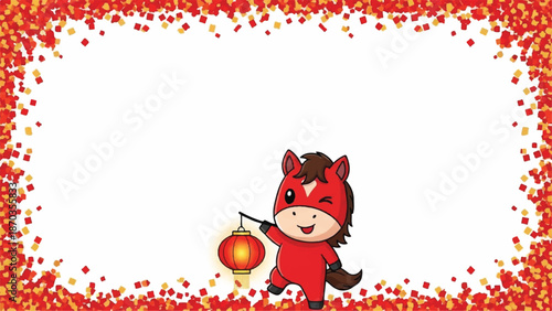 Cute zodiac horse holding lantern frame for chinese new year.
