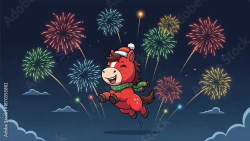 Cute cartoon horse celebrating new year with fireworks.