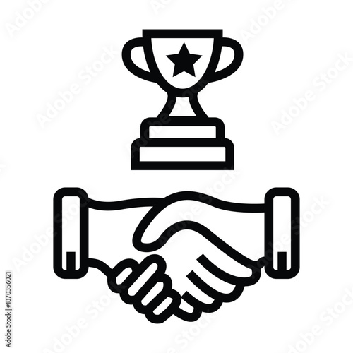 Successful partnership handshake and trophy signifies teamwork, collaboration, and a signed contract, sealing a successful deal and commitment