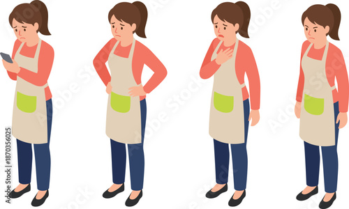 Stressed sad woman wearing apron showing emotional distress anxiety exhaustion and worry poses isolated on white background flat vector illustration