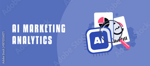 AI marketing analytics dashboard tracks campaign performance as AI marketing analytics dashboard insights with pie charts and magnifying tools, 2026 data-driven strategies. Vector banner illustration