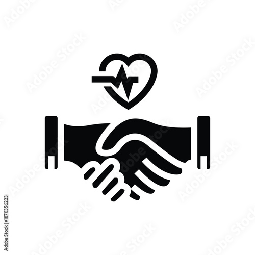 Black and white icon representing a healthcare partnership or medical agreement with a handshake and heart pulse symbol.