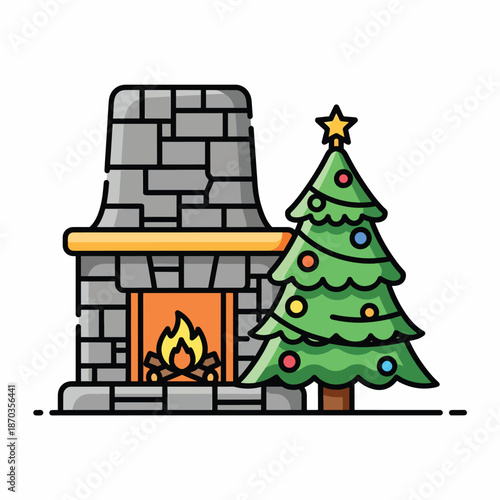A stone fireplace with a lit fire and a decorated Christmas tree