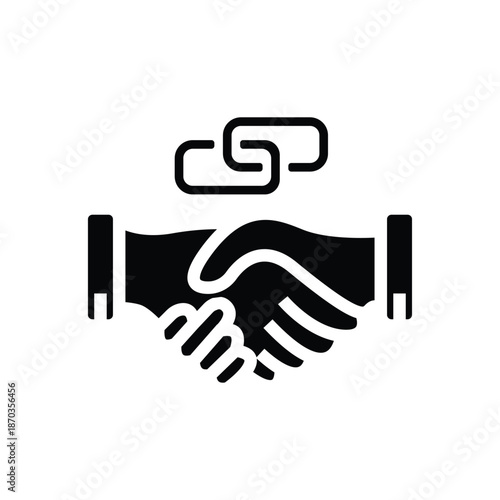 Handshake and Linked Rings Icon Symbolizing Partnership, Trust, Cooperation, and Successful Deal Making in Business