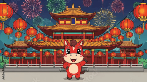 Lunar new year celebration with zodiac horse and fireworks.