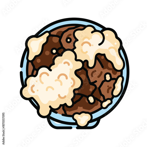 A bowl of brown food with creamy beige toppings