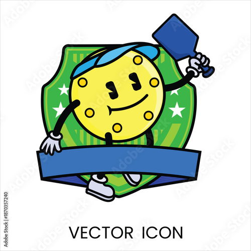 Happy Pickleball Character Holding Paddle, Flat Design Vector Illustration