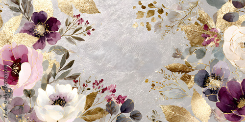 A floral design featuring beautiful blossoms and leaves in shades of purple, white, and gold on a textured light background.