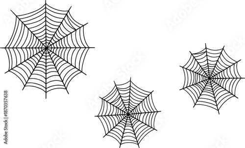 Black spider web silhouettes set, spooky Halloween cobweb collection, isolated creepy trap design, minimal line flat vector illustration
