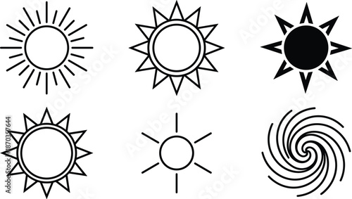 Black sun icons set with rays spiral and outline styles, summer weather symbol collection, minimal isolated flat vector illustration