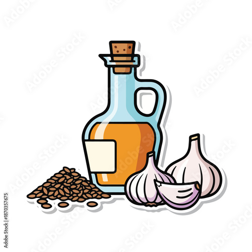 A bottle of amber liquid with garlic and seeds