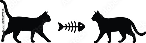 Two black cat silhouettes facing fish bone icon, minimal pet logo design, feline rivalry concept, modern flat vector illustration