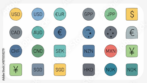 Collection of International Currency Symbols and Icons.