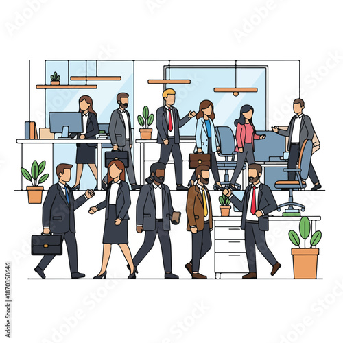 A busy office scene with people walking and working at desks