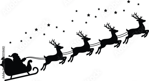 Santa Claus sleigh flying with four reindeer silhouette under starry night sky Christmas holiday vector illustration isolated white background minimalist