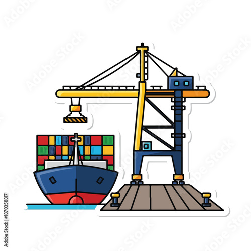 A cargo ship with colorful containers on a dock with crane