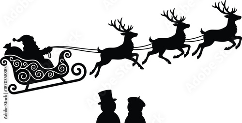 Santa Claus sleigh silhouette with flying reindeer team, festive Christmas night vector illustration, classic holiday transportation scene in monochrome style
