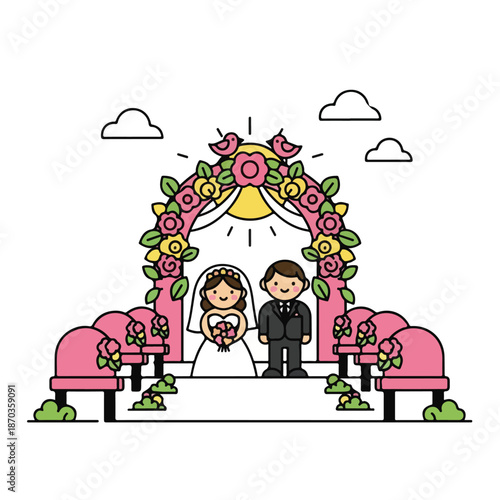 A cartoon bride and groom stand under a floral arch