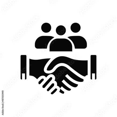 Black and white icon depicting a group of people above a handshake, symbolizing business partnership, teamwork, and agreement.