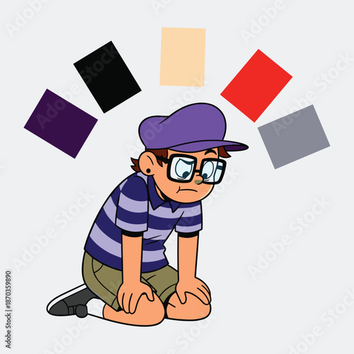 Boy in thoughtful pose surrounded by colorful squares