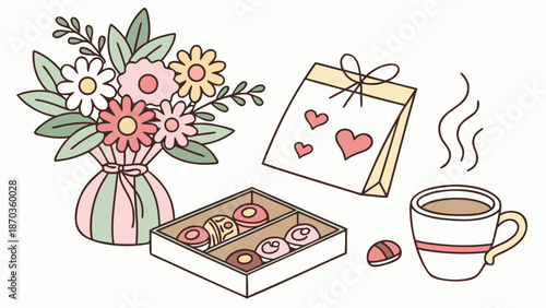 Chocolates, flowers, and coffee for a lovely romantic moment