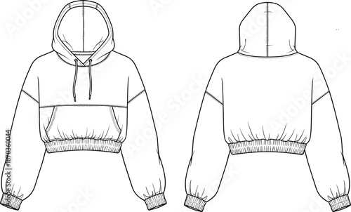 Women cropped hoodie technical sketch, casual streetwear sweatshirt design, front back view, drawstring hood, ribbed cuffs hem, fashion flat illustration