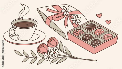 Cozy morning with steaming cup of coffee and delicious chocolates