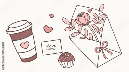 Chocolate muffin and coffee with love letter and flowers for Valentine's Day