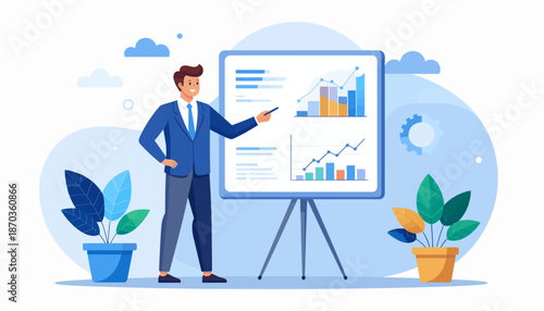 A professional businessman in a suit presenting financial data and growth charts on a whiteboard during a business meeting.
