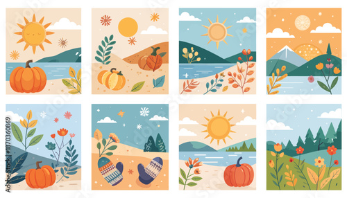 Collection of eight charming illustrations depicting autumnal scenes with pumpkins, foliage, and seasonal elements.