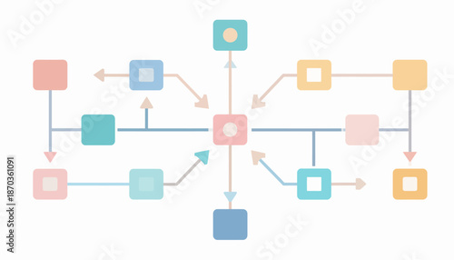Abstract diagram illustrating a decentralized network or interconnected system with colorful nodes and directional arrows.