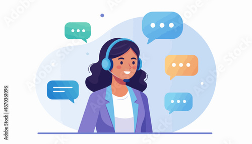 A friendly woman with headphones surrounded by chat bubbles, representing customer service or communication.