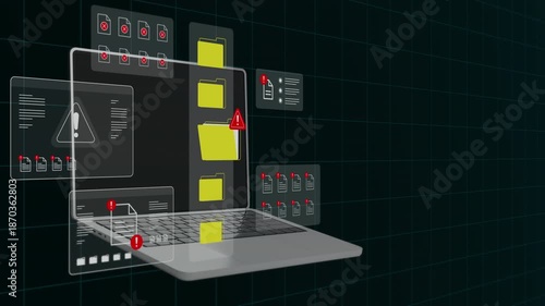 Laptop display showcasing advanced cyber security monitoring with exclamation mark warnings and protected file folders.