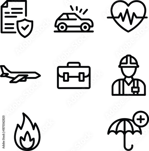 Set of black line icons featuring car insurance, health heart rate, travel airplane, life umbrella, fire hazard, work briefcase, and occupational construction safety symbols.