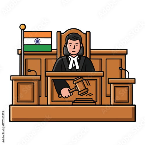 A cartoon judge in a courtroom with a gavel and Indian flag