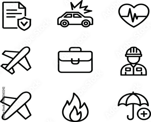 Set of thin black line icons featuring legal gavel, insurance umbrella, global logistics, social security, government building, and elderly care symbols for business.