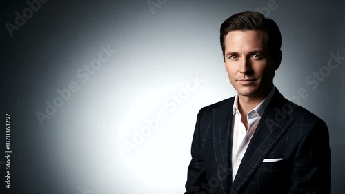 Confident businessman in a tailored suit poses against a gradient backdrop, exuding professionalism and charisma