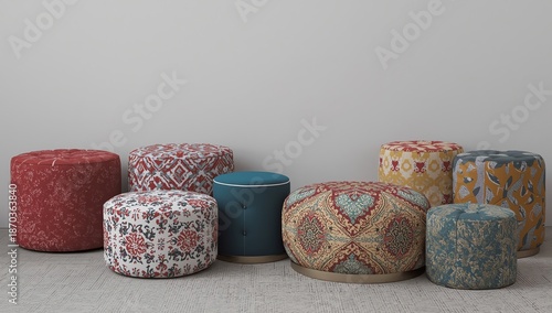 Different stylish poufs and ottomans near light grey wall