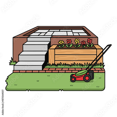 A cartoon lawnmower cuts grass before a house