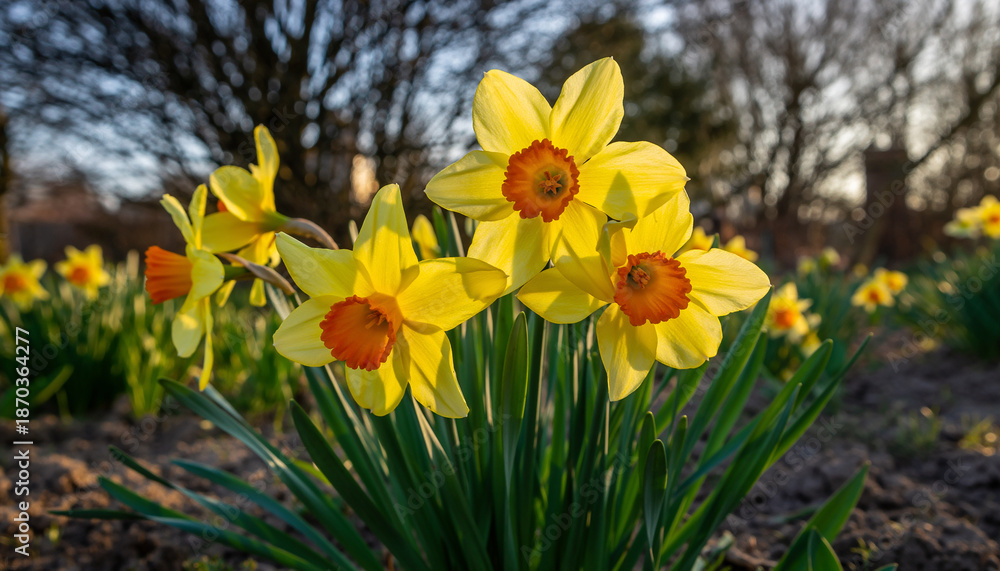 Fototapeta premium Bright Yellow Daffodils Blooming in a Sunny Field.