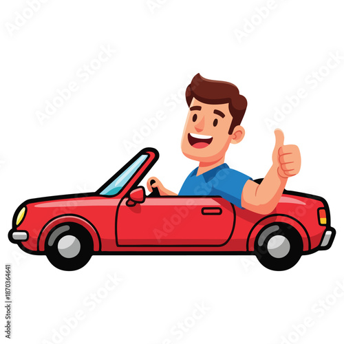 A cartoon man in a red convertible giving a thumbs-up