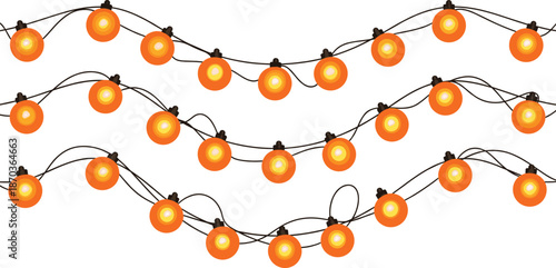 Warm glowing round string lights garland with orange bulbs for festive decoration isolated on white background vector illustration