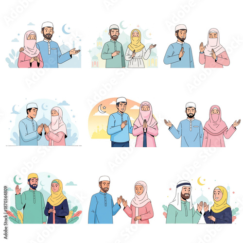 illustration of Muslim man and woman greeting Ramadhan