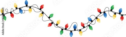 Wavy colorful Christmas string lights illustration with red, green, blue, and yellow bulbs isolated on white