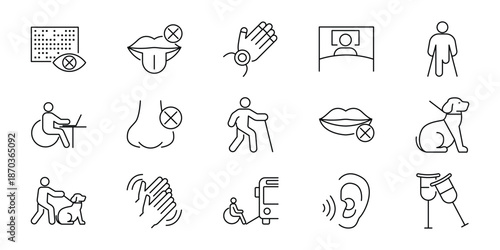 Set of Icons Representing Disabilities and Accessibility Features for Inclusivity