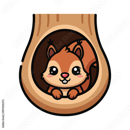 A cartoon squirrel peeking out from a hollow tree