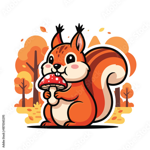 A cartoon squirrel holds a mushroom